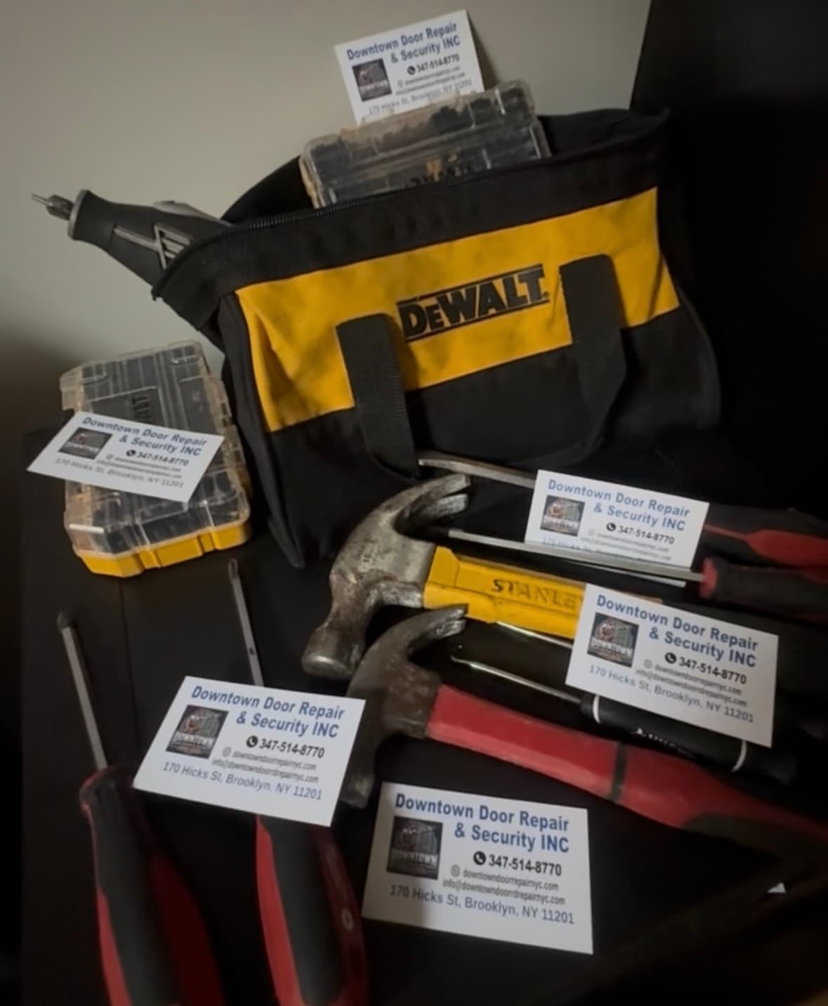 Branded business cards on the DeWalt tool kits that go out on Brooklyn Heights jobs