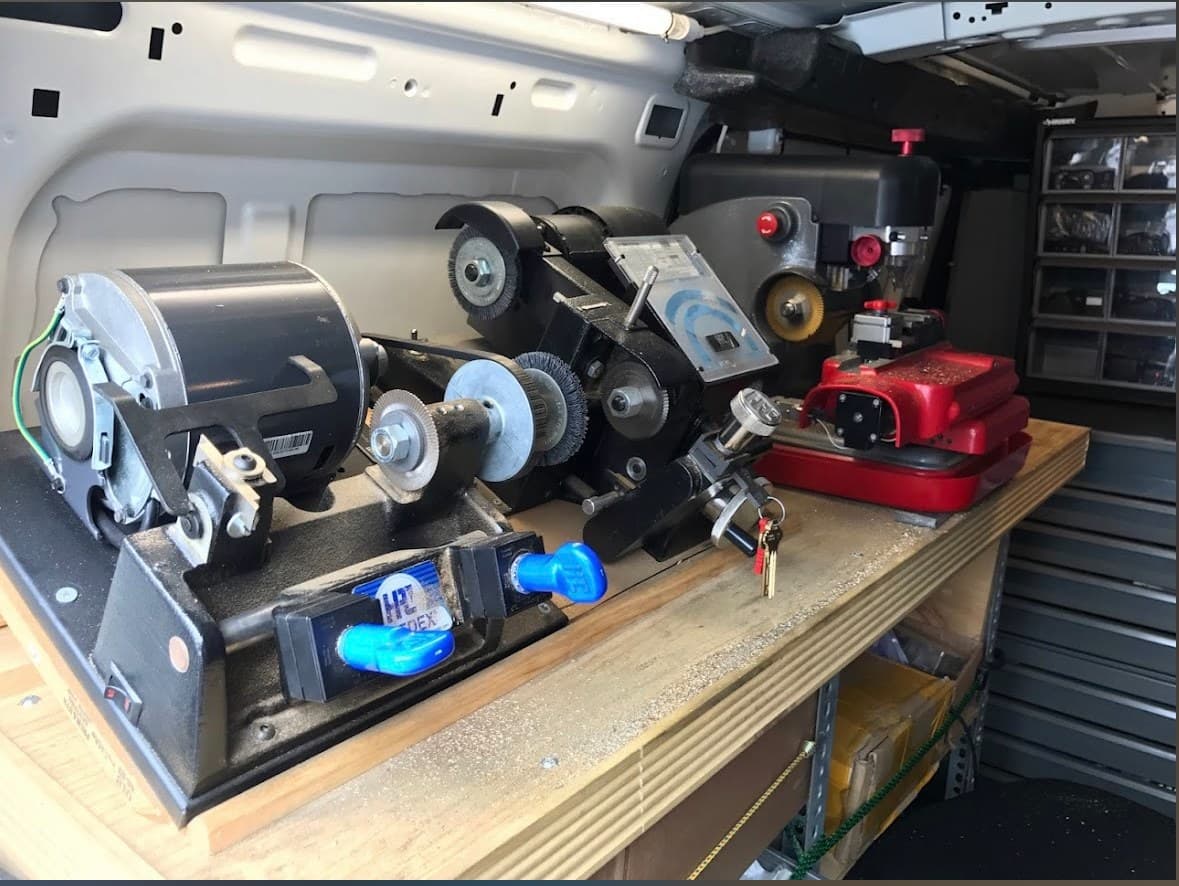 Inside the Downtown service van, stocked with lock hardware and key blanks