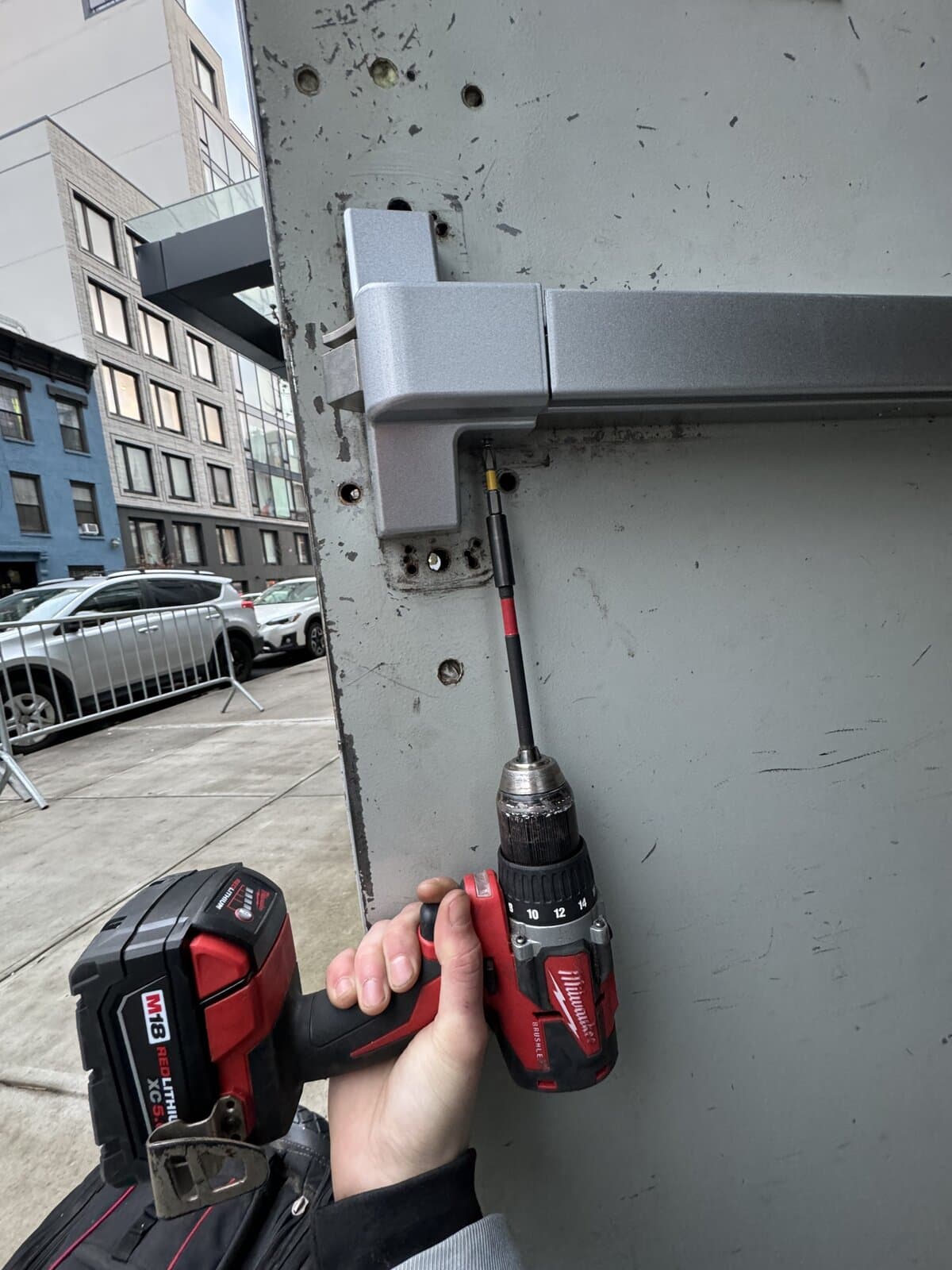 Exit device install on a commercial rear door