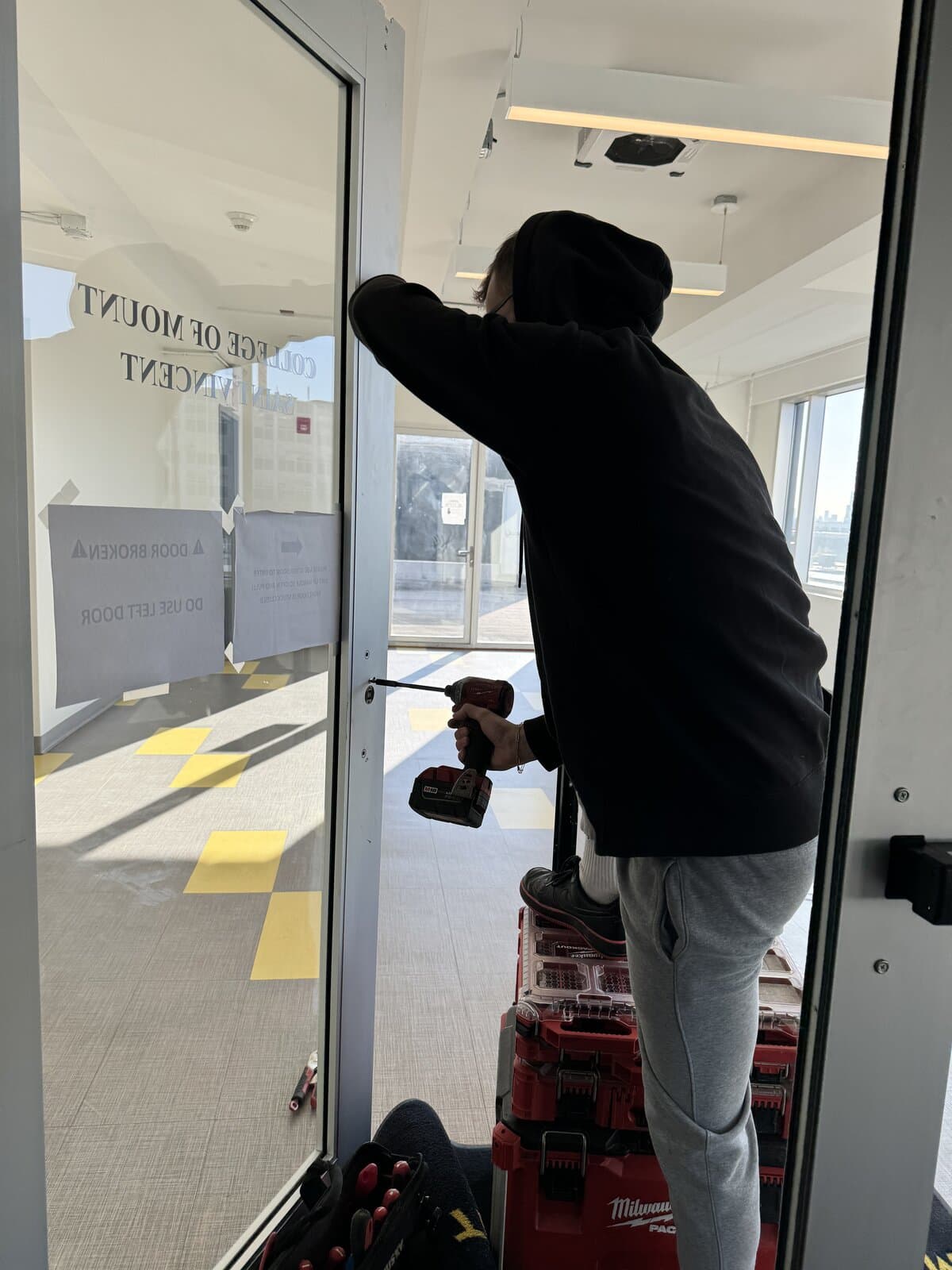 Mid-repair, commercial glass entry